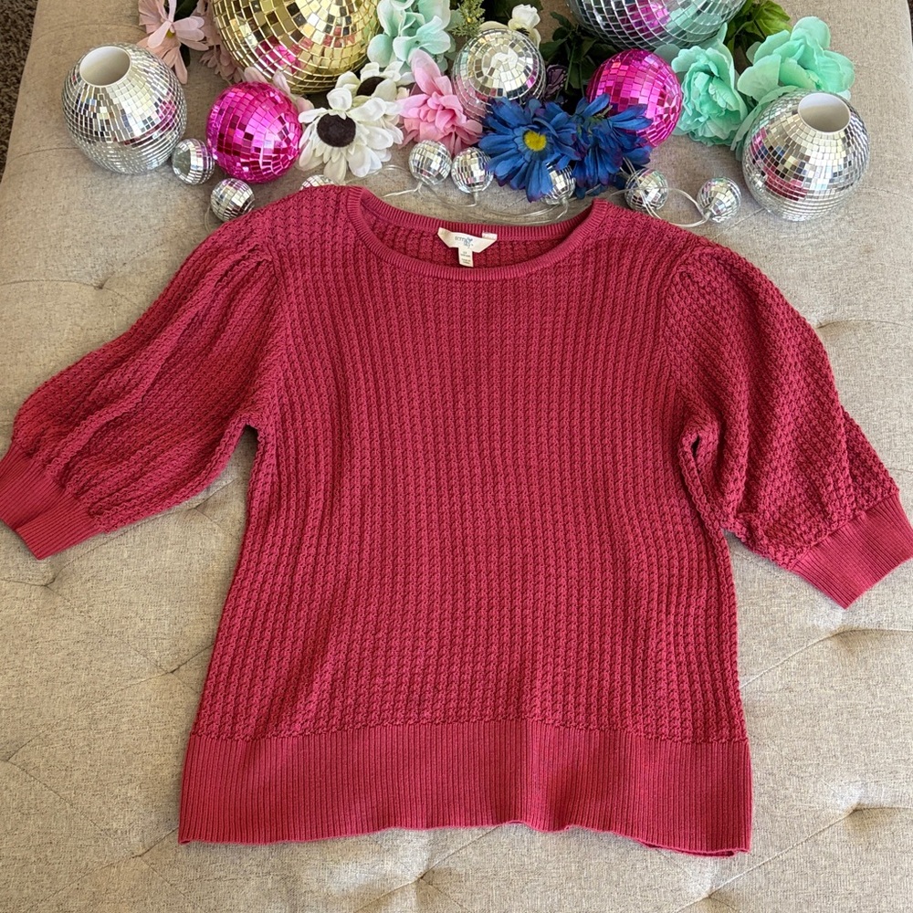 Terra & Sky Raspberry Textured Puff-Sleeve Crewneck Sweater